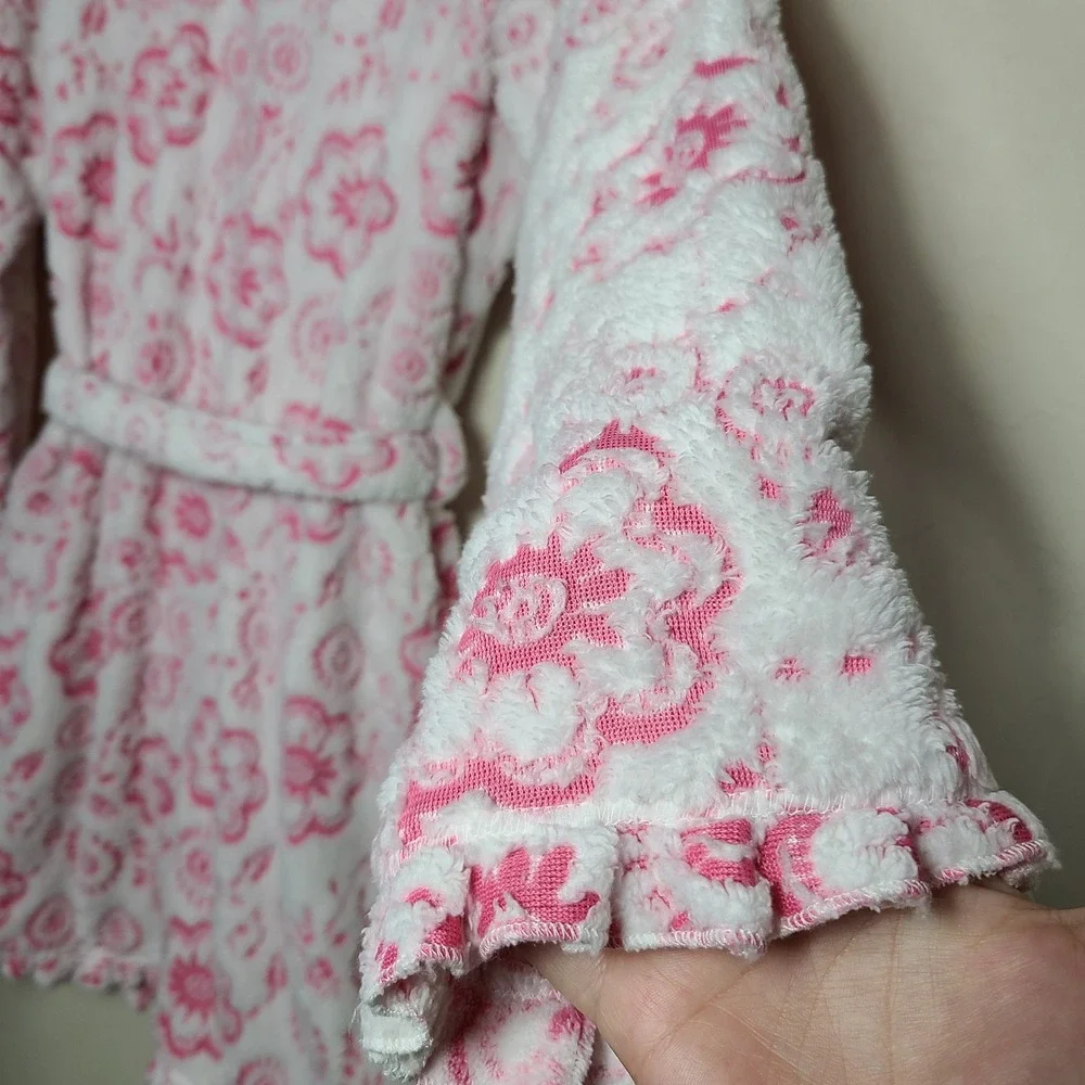 Pink Plush Floral Robe Ruffle‎ Trim L Loungewear Coquette Girly Barbiecore GRWM